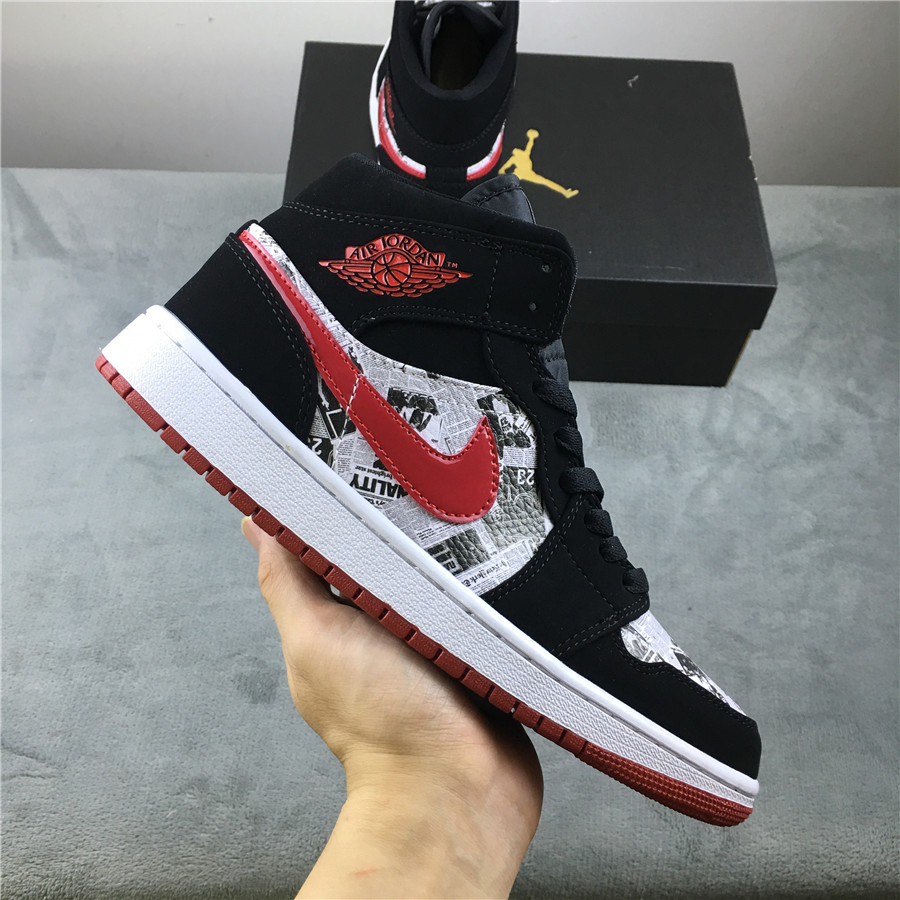 2019 Women Air Jordan 1 Mid Black White Grey Red Shoes - Click Image to Close